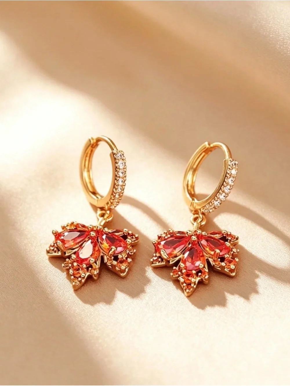 Leaves Red Crystal Floral Drop Gold Earrings